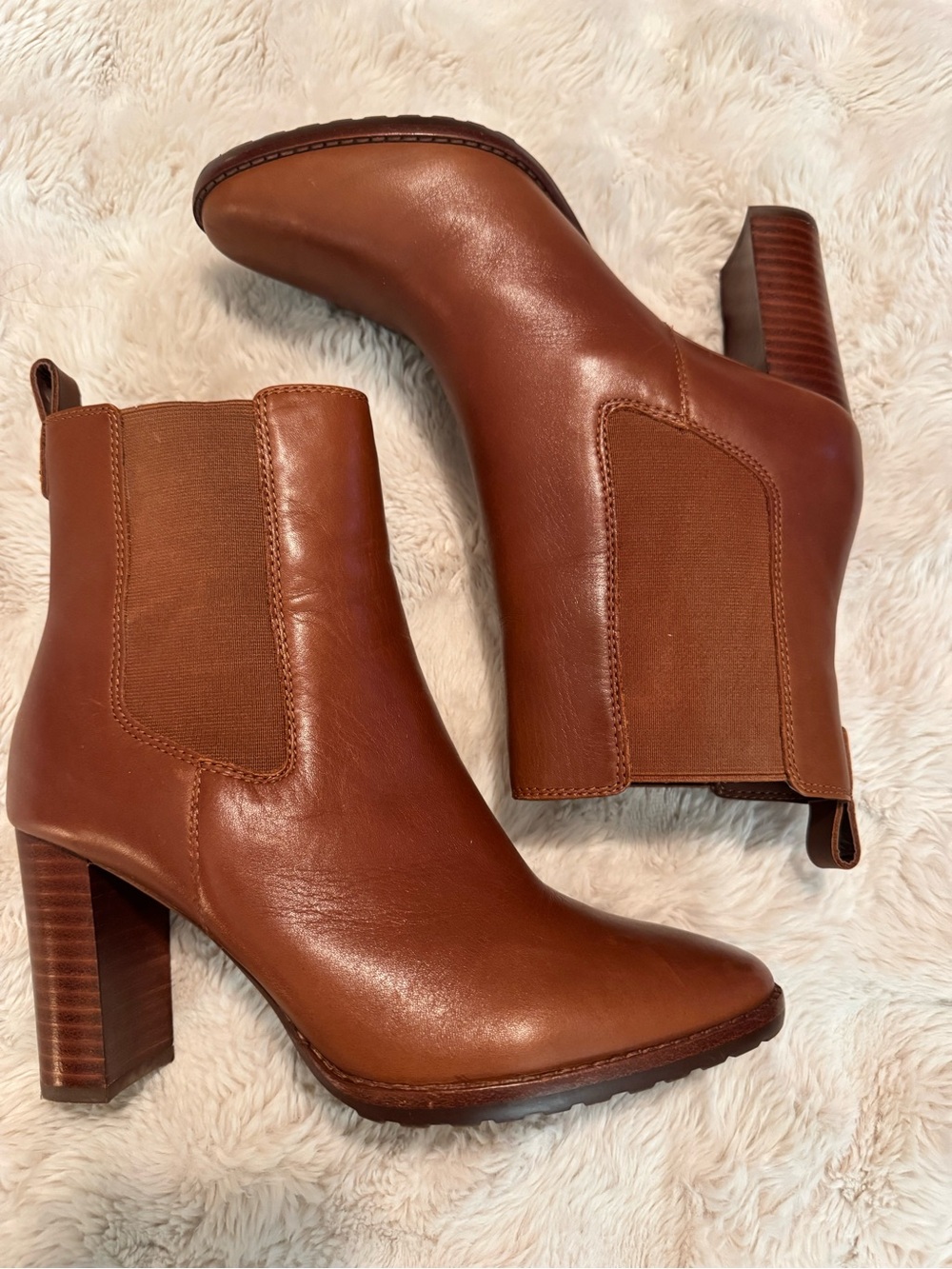 Lauren Ralph Lauren Cognac Leather Block Heel Chelsea Booties